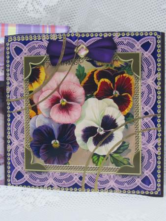 Lace Purple Pansies 6inch Duo Corner Stacker Card Front by Darlene Handorff