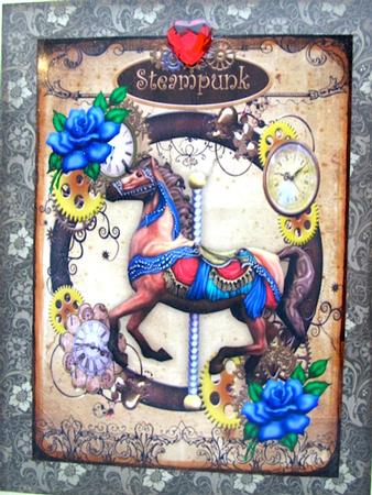 Carousel Horse in Steampunk Frame with Blue Roses A4 by Darlene Handorff