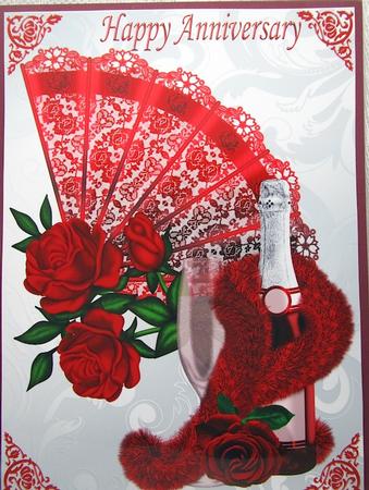 Anniversary with Beautiful Fan, Roses and Champagne A4 by Darlene Handorff