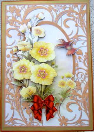 Humming Bird and Yellow Flowers Card Front and Decoupage by Darlene Handorff