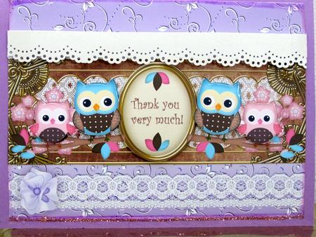 Pink Blue Owls Thank You Large Dl Decoupage Topper by Darlene Handorff