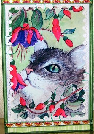 Cat Among the Fucshias Scalloped Corner Stacker by Darlene Handorff