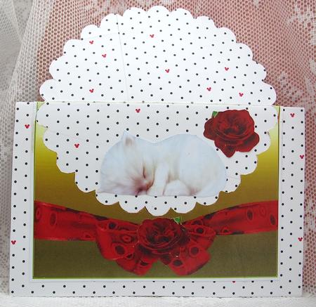 Kitten Sleeping on Scalloped Envelope with Red Roses by Darlene Handorff