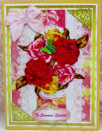 Beautiful Roses on a Gold and Lace Mat by Darlene Handorff