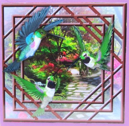 Pretty Humming Birds in the Garden with Window 8x8 by Darlene Handorff