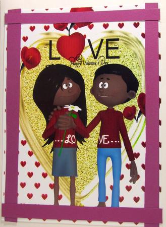 Ethnic Origin Love Couple on Gold Heart with Flowers A4 by Darlene Handorff