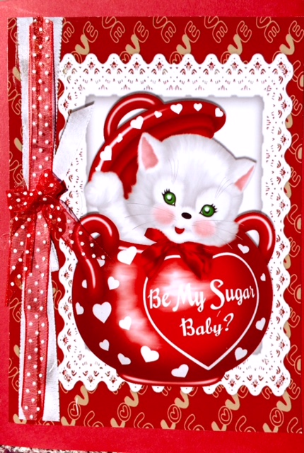 Be My Sugar Baby! Cute White Kitty in Red Pot A4 by Darlene Handorff
