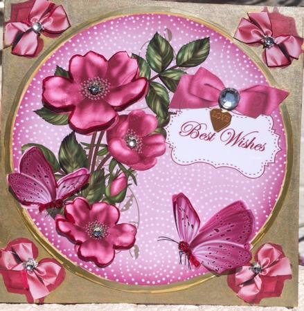 Cerise Wild Rose Best Wishes 7in Circle Decoupage Topper by Darlene Handorff