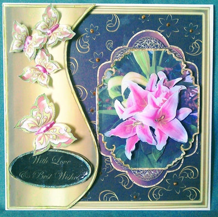 Pink Lilies Pyramid Card Front with Wavy Panel 1 by David Cooke