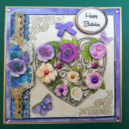 Vintage purple and cream flowers on heart frame card topper for 6 x 6 cardstock by David Cooke