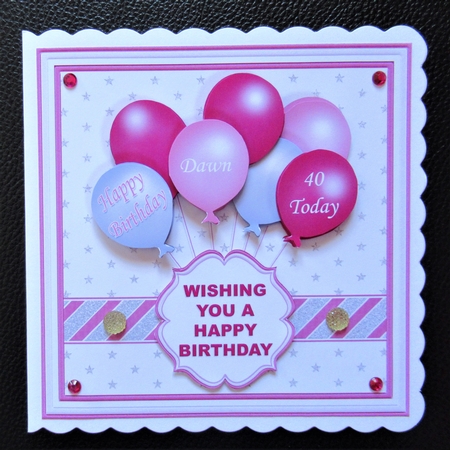 PINK & SILVER BIRTHDAY BALLOONS & AGES 7.5 Decoupage & Insert by Davina Rundle