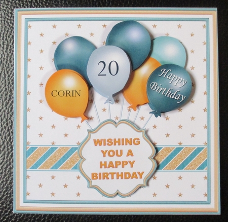 TEAL & GOLD BIRTHDAY BALLOONS & AGES 7.5 Decoupage & Insert by Davina Rundle