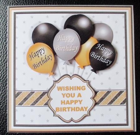 BLACK & GOLD BIRTHDAY BALLOONS & AGES 7.5 Decoupage & Insert by Davina Rundle
