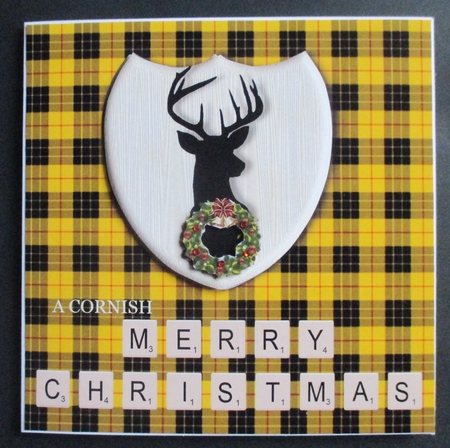 Merry Christmas card in MacLeod tartan, stag emblem, wreath and scrabble letters topper for 6x6 card by Davina Rundle