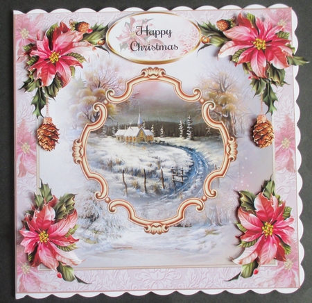 Pink Poinsettia Christmas Scene Card Front With Decoupage by Davina Rundle
