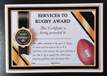 RUGBY Humorous A5 Certificate & Ages Card Kit by Davina Rundle