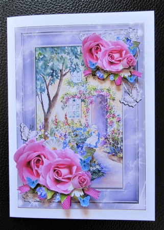 By the Cottage door with roses A5 card topper with decoupage by Davina Rundle