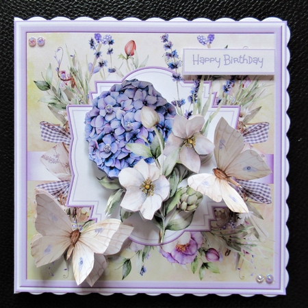 Blue Hydrangea and butterfly 7x7 card by Davina Rundle