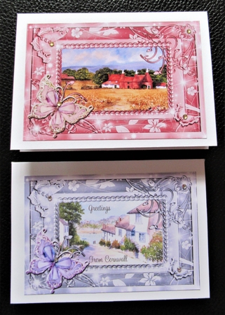 Oast Houses Kent and Cornwall scene. 2 Butterfly framed card toppers by Davina Rundle
