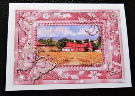 Oast Houses Kent and Cornwall scene. 2 Butterfly framed card toppers by Davina Rundle