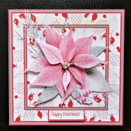 Pink poinsettia and red berry 7x7 card by Davina Rundle