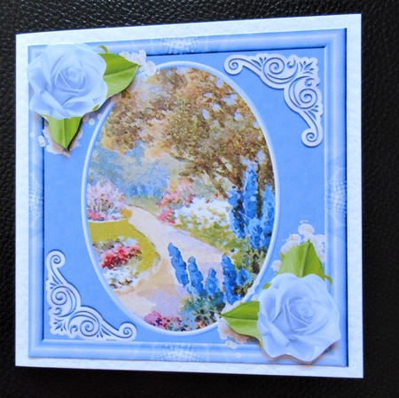Pretty garden with blue roses 8x8 by Davina Rundle