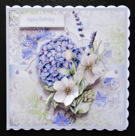 Purple flowers, pearsl and lace 7x7 card by Davina Rundle
