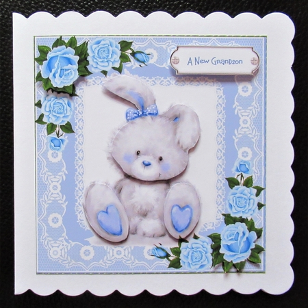 Cute grey bunny with blue  roses and lace 8x8 by Davina Rundle