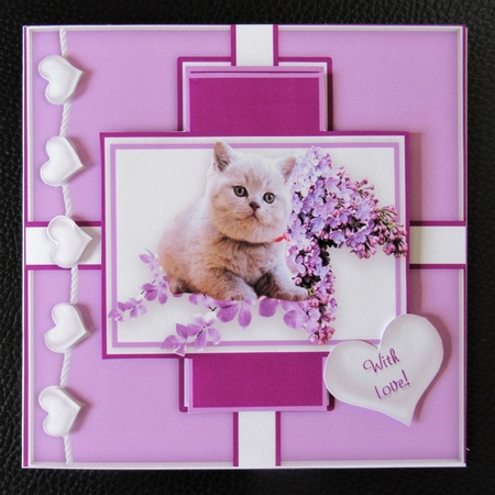Lilac Kitty Cat - 6 x 6 Card Topper With Decoupage & Tags by Davina Rundle
