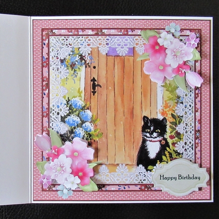 8x8 card topper Cat by the Door with floral decoupage Featured Gallery Photo