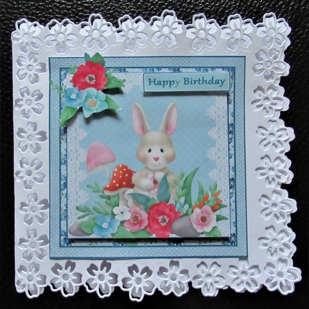 8x8 rabbit Birthday card topper with decoupage by Davina Rundle
