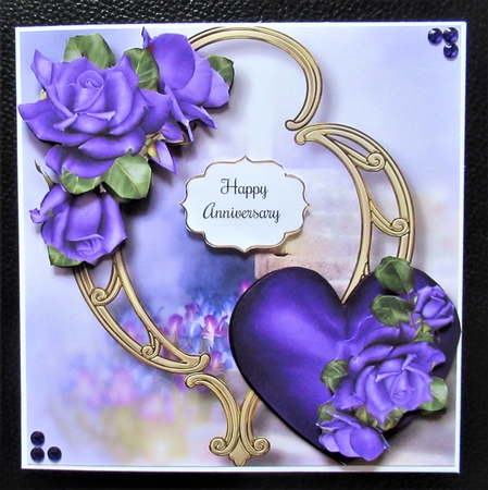 Hearts & Flowers On Golden Frame - Purple Roses by Davina Rundle