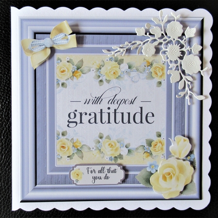 Gratitude Floral Topper with decoupage and sentiment tags by Davina Rundle