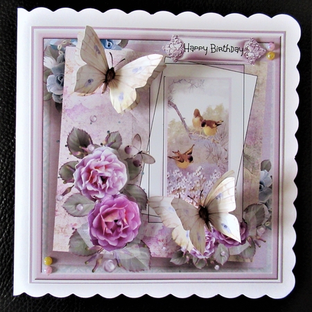 Pink flowers, butterfly and birds 7x7 by Davina Rundle