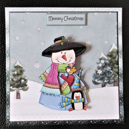 Snowman with penguin and bird friend 6x6 by Davina Rundle