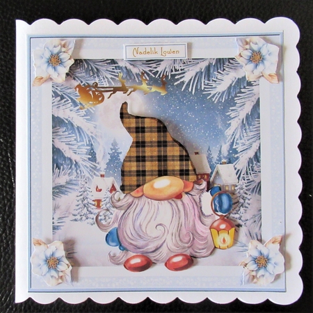 Christmas Cornish Tartan Gnome 7x7ins Decoupage Topper 1 by Davina Rundle