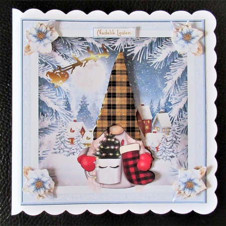 Christmas Cornish Tartan Gnome 7x7ins Decoupage Topper 2 by Davina Rundle