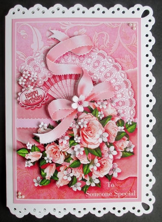 Pink Roses on a Lace Fan Decoupage by Davina Rundle