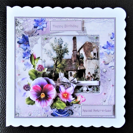 Lilac pansy and house 6x6 by Davina Rundle