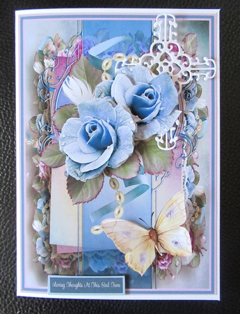 Blue vintage rose and butterfly A5 card by Davina Rundle