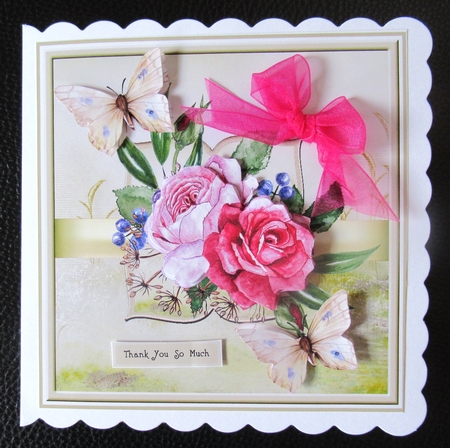  Pink rose blooms and butterfly 7x7 by Davina Rundle