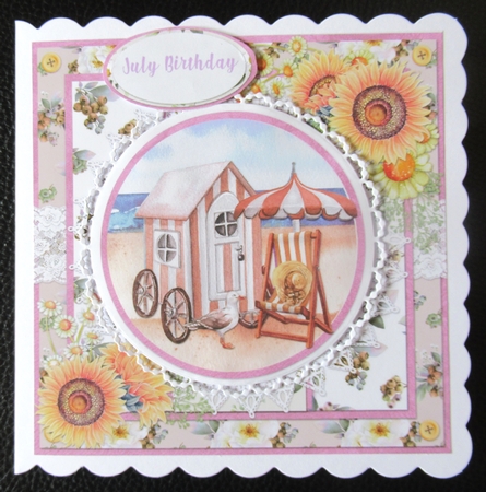 Summer Dreams 14: Beach Hut & Parasol 6 x 6 Card Front with Topper and Sentiments by Davina Rundle