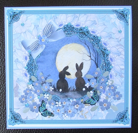 8 x 8 card topper. Rabbits Moongazing with decoupage by Davina Rundle