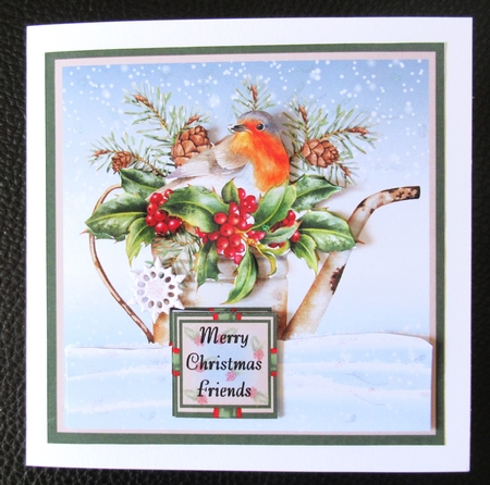 Robin on Watering Can card size 6 x 6 by Davina Rundle
