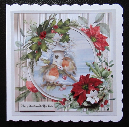 Robins, holly and poinsettia 7x7 by Davina Rundle