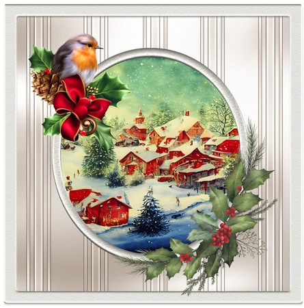 Snow-covered village and robin 7x7 by Davina Rundle