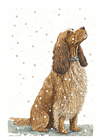 Cocker spaniel looking up at the snow by Davina Rundle