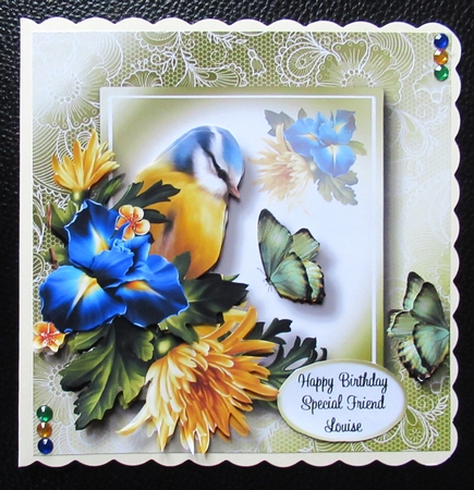 Lovely Lace Back Blue Iris & Butterflies by Davina Rundle