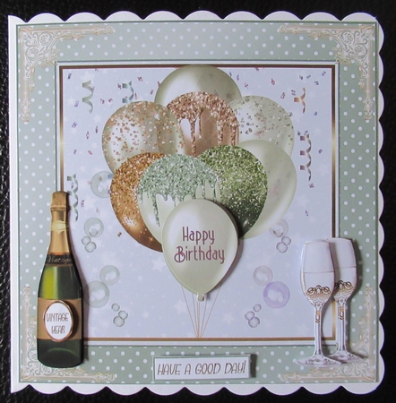 Birthday Soft Green Balloons 7x7ins Decoupage Topper  by Davina Rundle