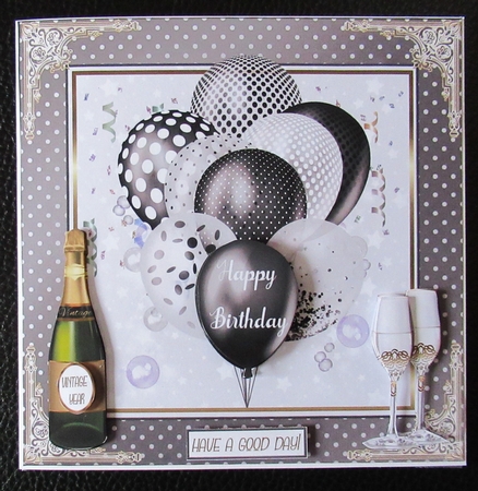Birthday Black & White Balloons 7x7ins Decoupage Topper  by Davina Rundle